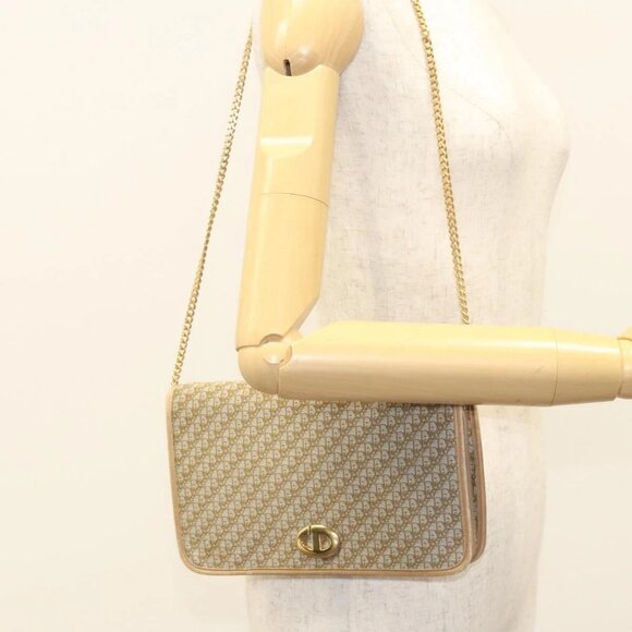 Christian Dior Trotter Canvas Chain Shoulder Bag Beige Gold Auth - Picture 1 of 16